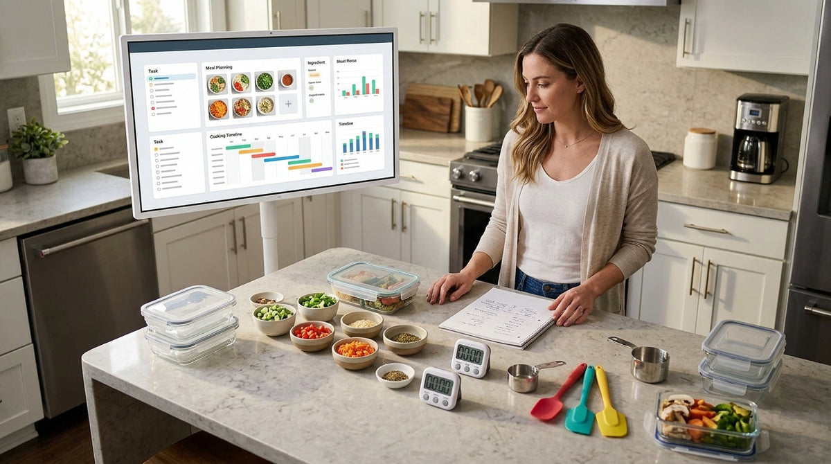 A realistic modern kitchen command center scene showing a person planning meal prep workflow at a central counter with a smart display, notebook, ingredient bowls, and timers visible.