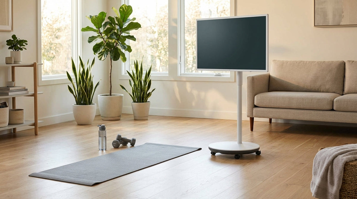 Rolling smart display in a bright living room arranged for a home workout, with open floor space and light exercise equipment nearby.