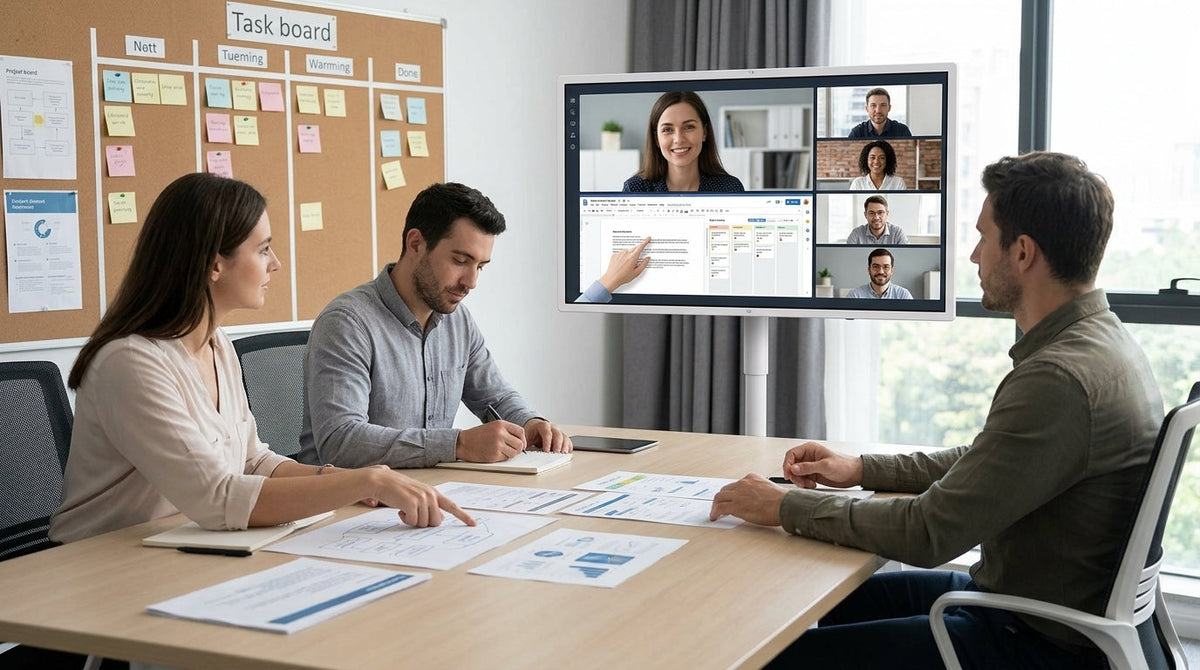 Equipo híbrido colaborando en una oficina moderna con una pantalla táctil grande mostrando una reunión de trabajo y tareas compartidas.