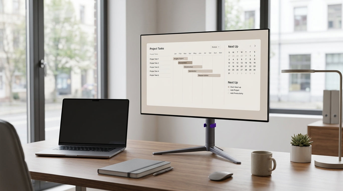 A modern office desk with an OLED monitor showing a subtle static productivity interface.