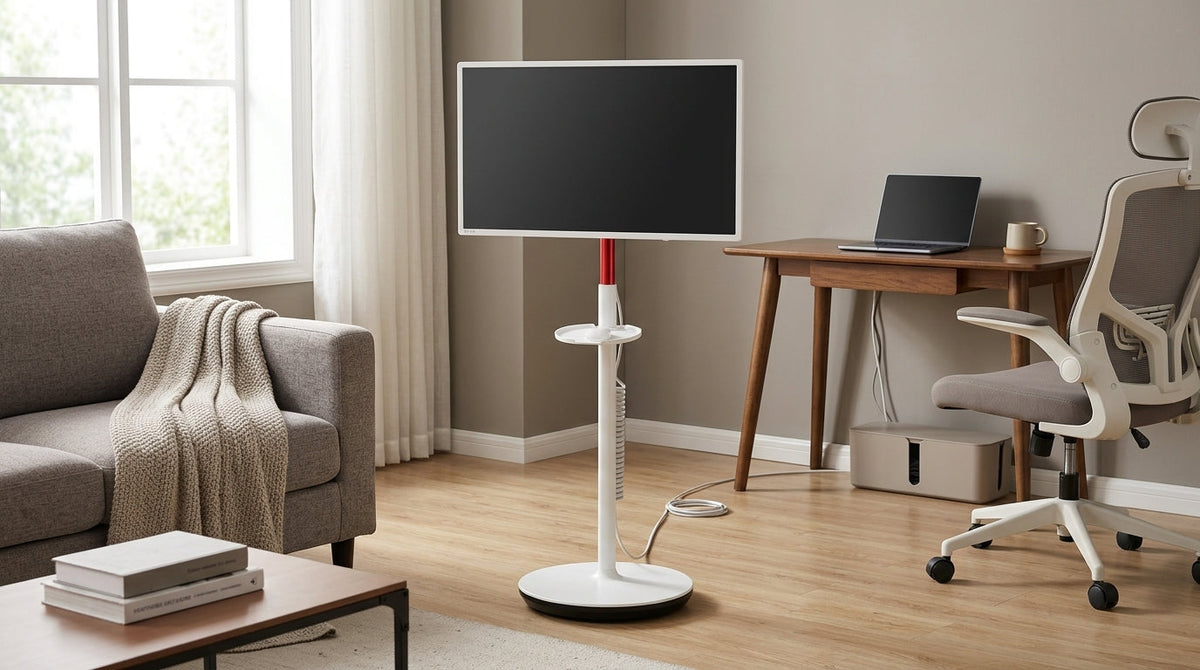 Rolling smart display in a small apartment beside a desk and sofa
