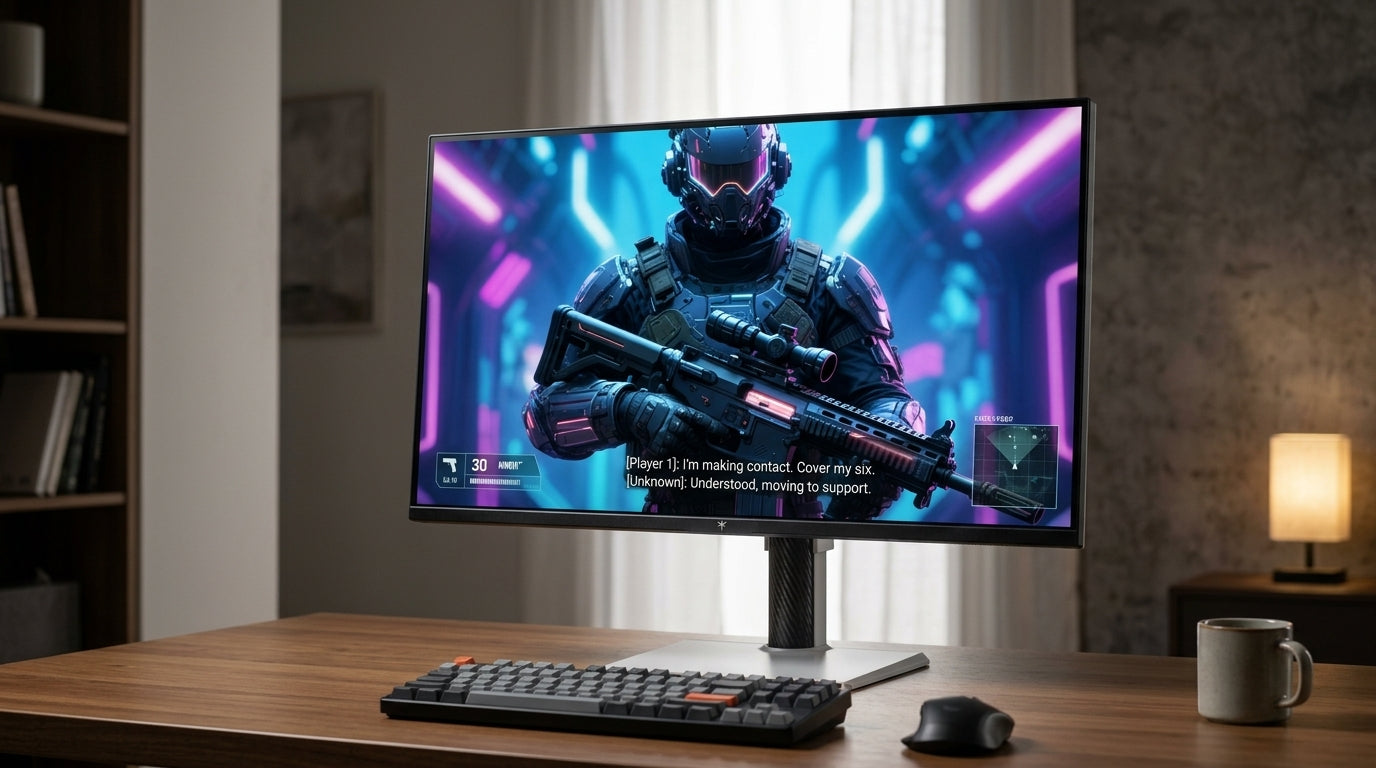 Mini-LED gaming monitor showing HDR gameplay with bright UI elements in a moderately lit room