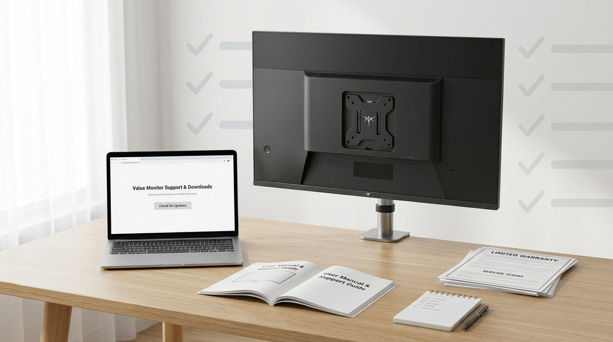 A value monitor support checklist shown beside a modern desktop monitor setup with manuals and warranty paperwork.