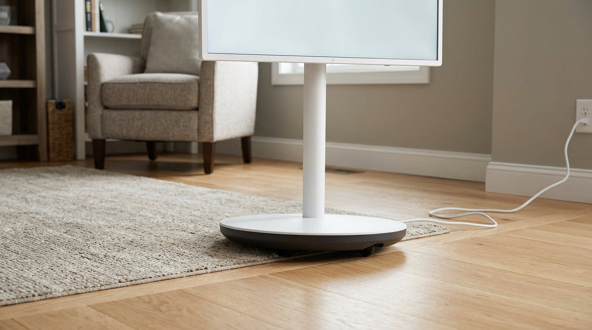 A rolling smart display in a home room with one wheel near a slight floor transition, showing why uneven floors can cause wobble.