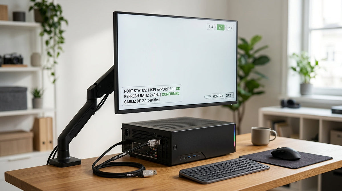 Desk setup showing a monitor, cable labels, and a buyer checking port specs for UHBR20 compatibility