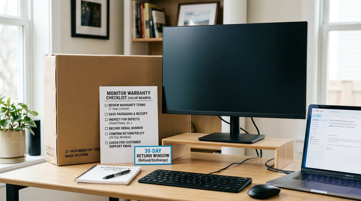 Value-brand monitor warranty checklist with return window, warranty coverage, dead-pixel policy, support contact, and documents to save.