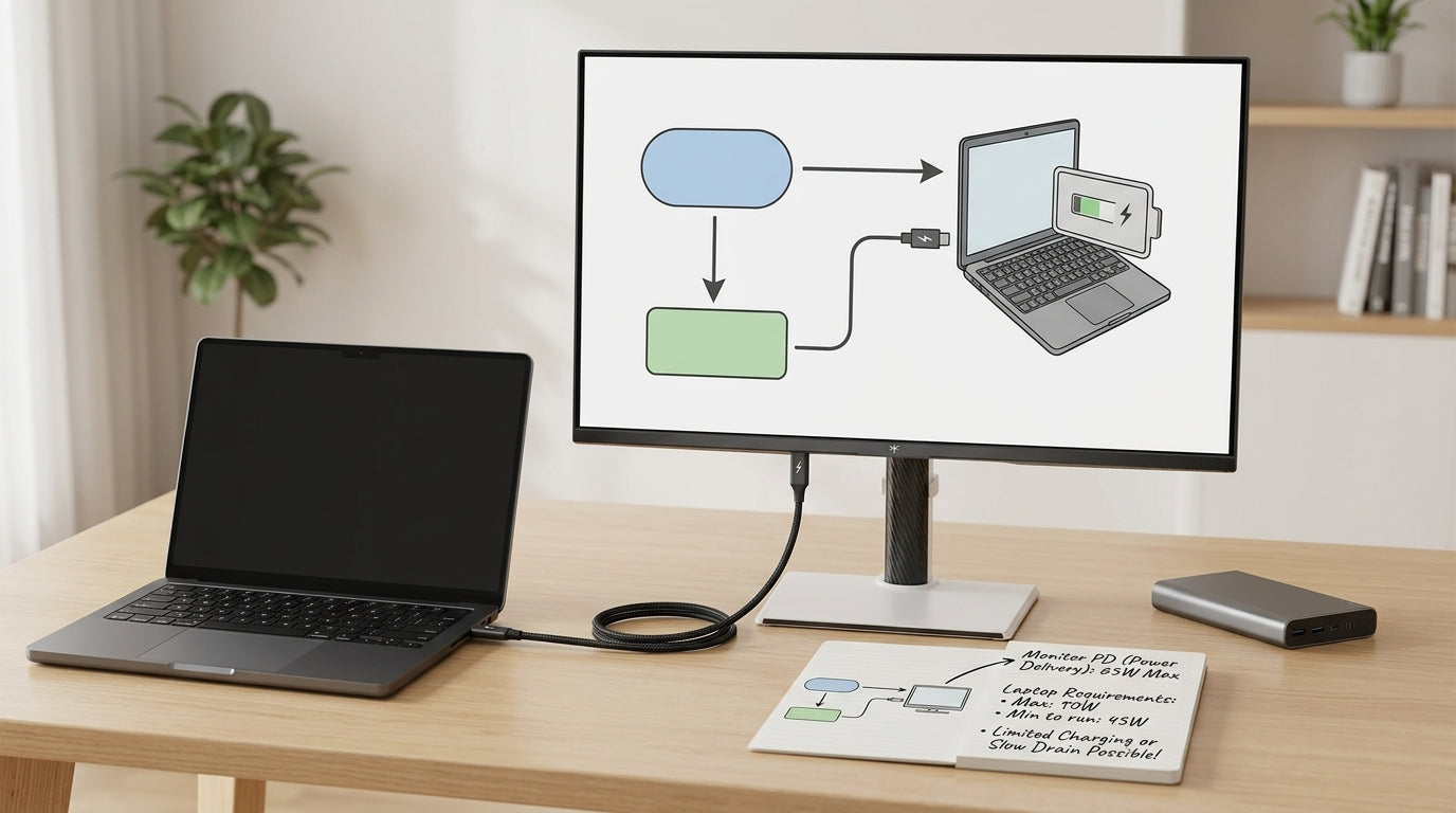 A clean desk scene showing a USB-C monitor connected to a laptop, illustrating power delivery and charging limits in a simple educational setup.