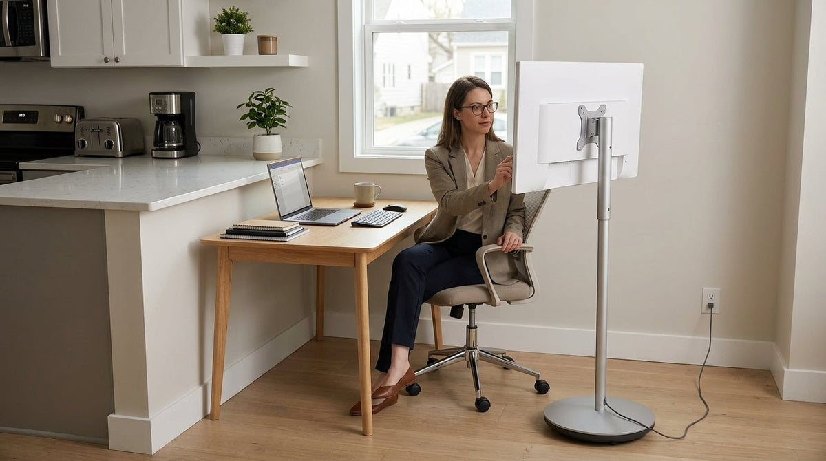 A portable smart display set up for hybrid work in a small apartment