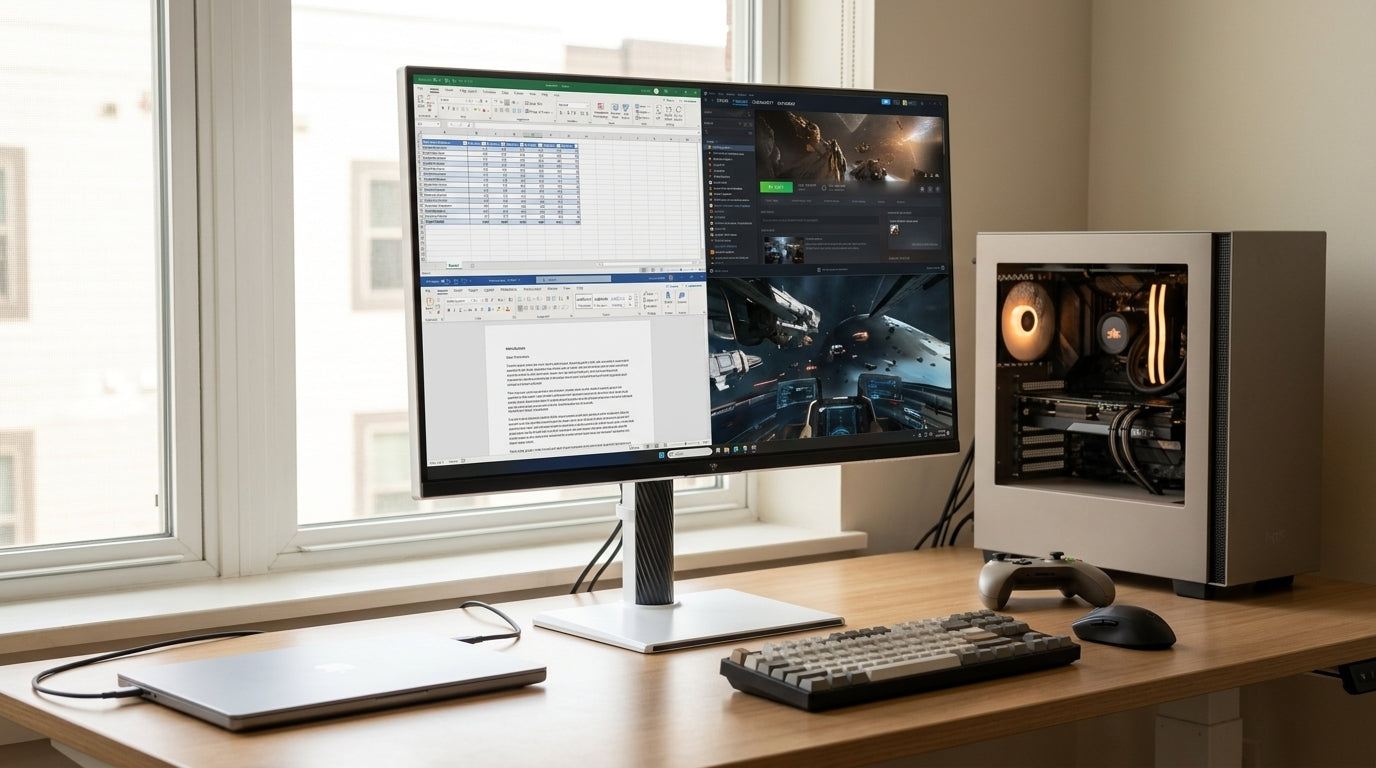 A hybrid desk with a laptop, gaming PC, and USB-C monitor showing a clean one-cable switching setup