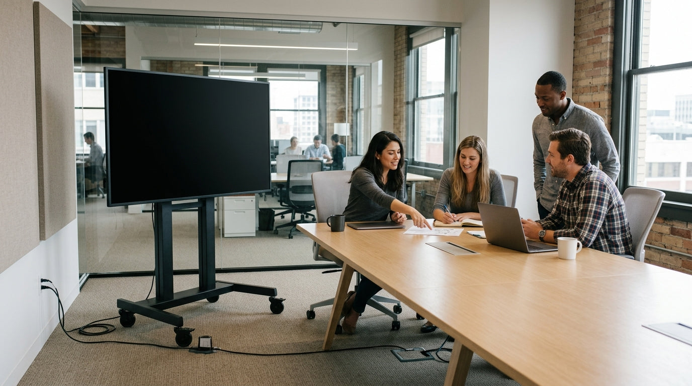 A movable smart display in a shared office conference room with teammates collaborating around a table.