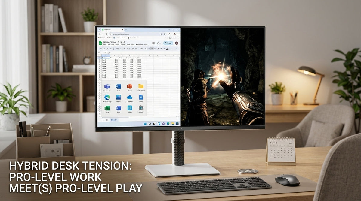 Mini-LED monitor on a hybrid desk with an SDR work window beside an HDR game scene
