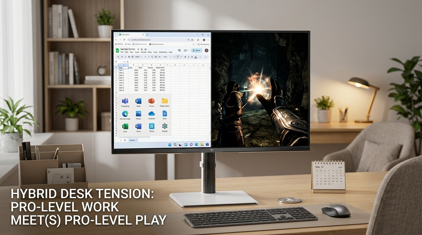 Mini-LED monitor on a hybrid desk with an SDR work window beside an HDR game scene