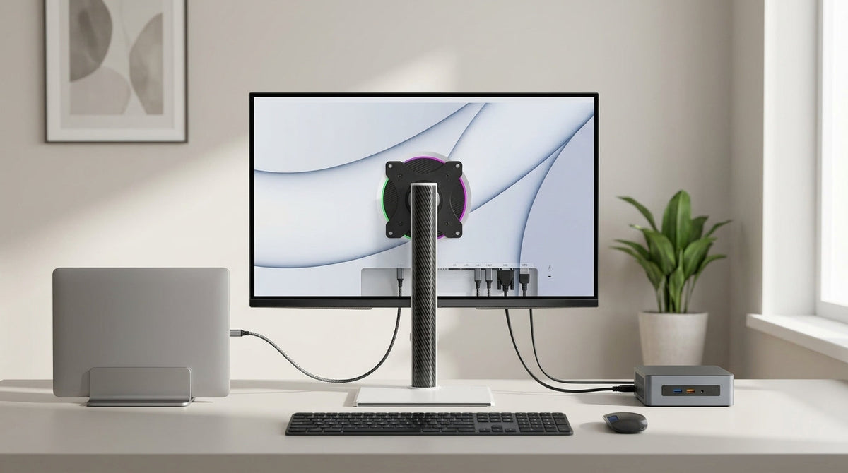 Neutral desk scene with a USB-C KVM monitor connecting a MacBook and a Windows PC on the same workstation