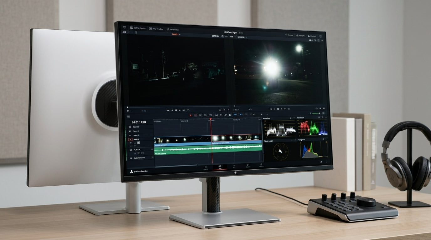 Mini-LED monitor on an editing desk with a dark timeline, scopes, and HDR test footage on screen