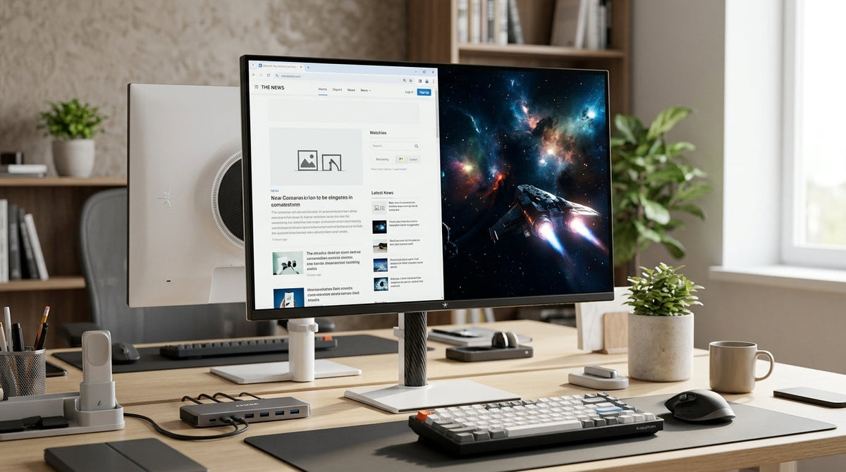 Mini-LED monitor on a mixed-use desk with bright office windows and an HDR game scene