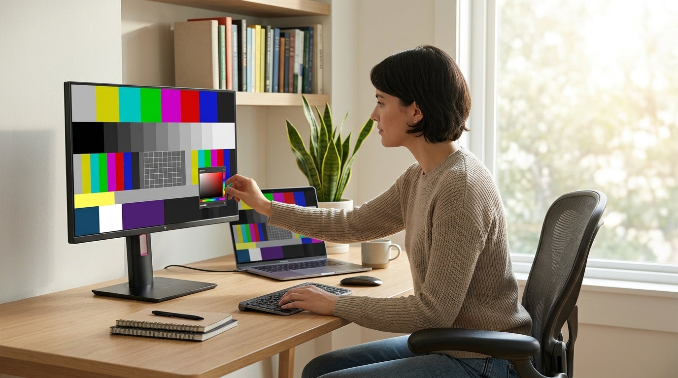 A home desk setup with a computer monitor showing simple test patterns while a creator checks calibration using on-screen tools.
