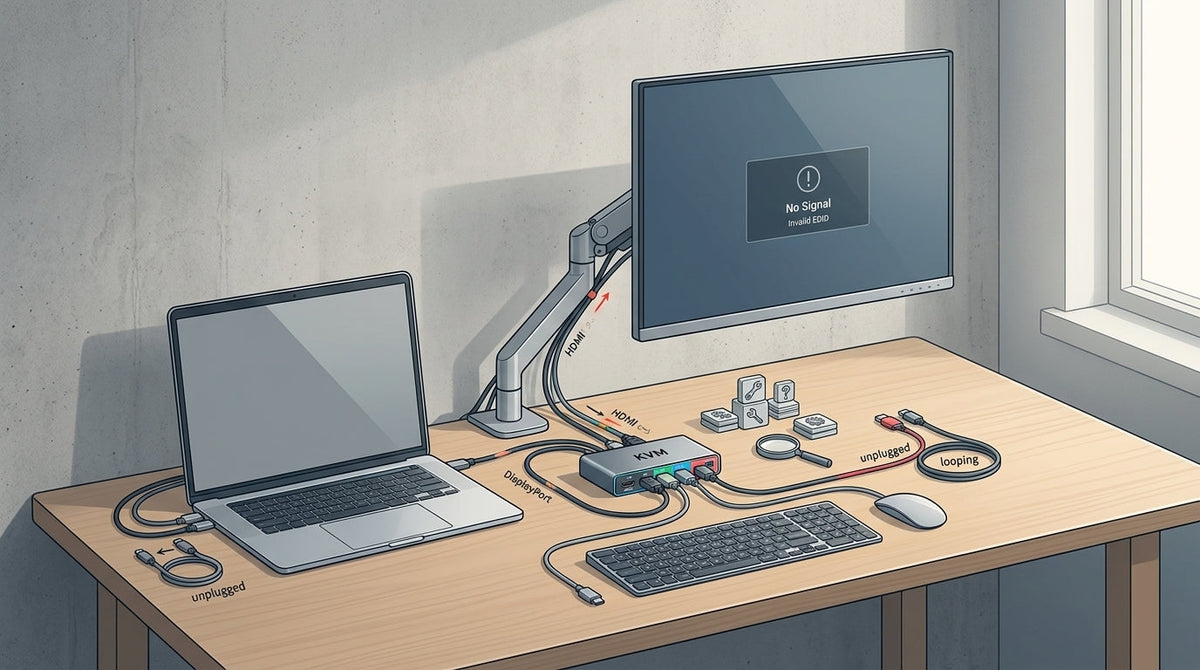Ilustración editorial de un escritorio con varios cables y dispositivos conectados para diagnosticar un problema de KVM por USB-C.