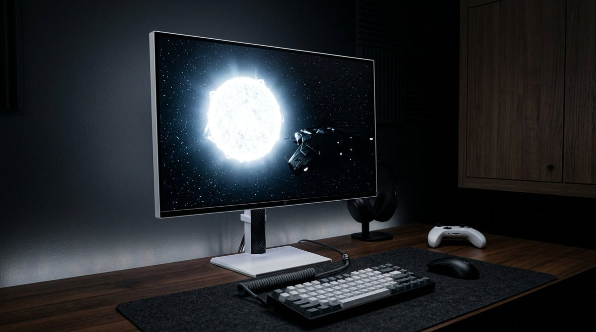 Mini-LED HDR gaming setup in a dark room with a monitor showing vivid game content.