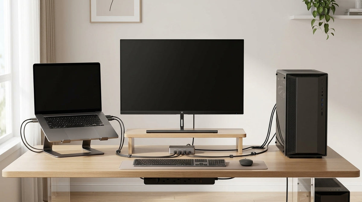 Clean hybrid desk setup with a MacBook, gaming PC, and one monitor connected through tidy cable routing for a USB-C KVM workflow.