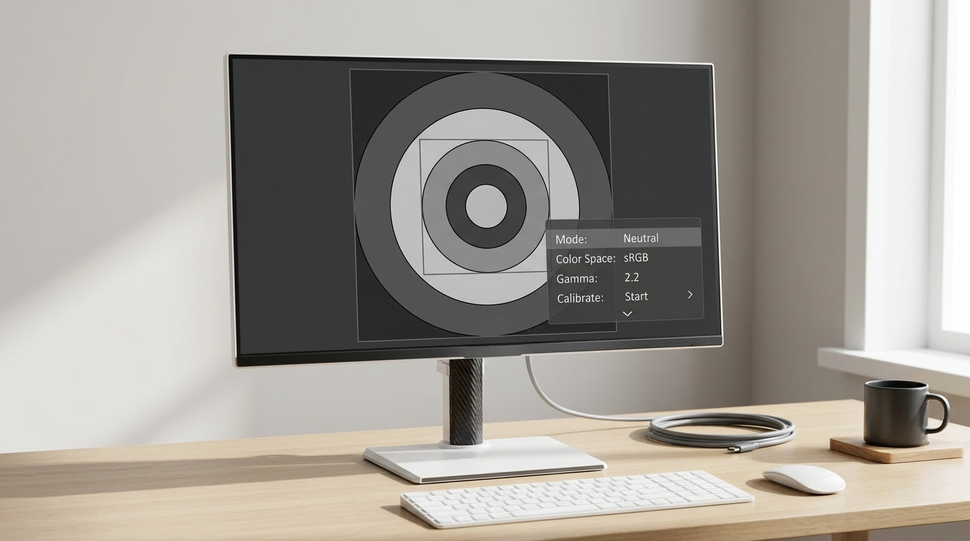 KTC monitor calibration setup on a desktop with neutral test patterns