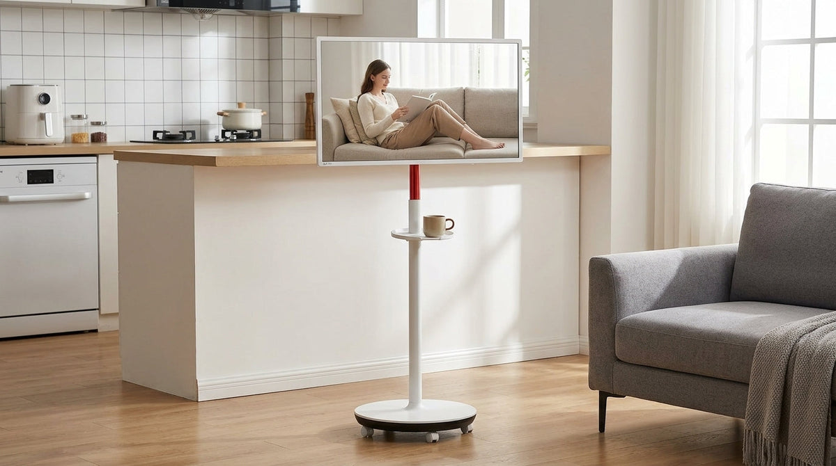 A rolling smart display in a bright home setting with a stable base and comfortable viewing height