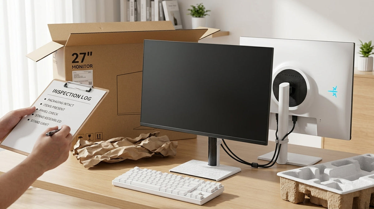 KTC monitor on a desk with box and packing materials nearby for arrival inspection