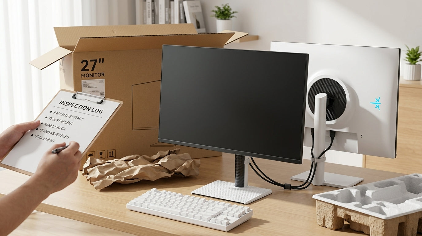KTC monitor on a desk with box and packing materials nearby for arrival inspection