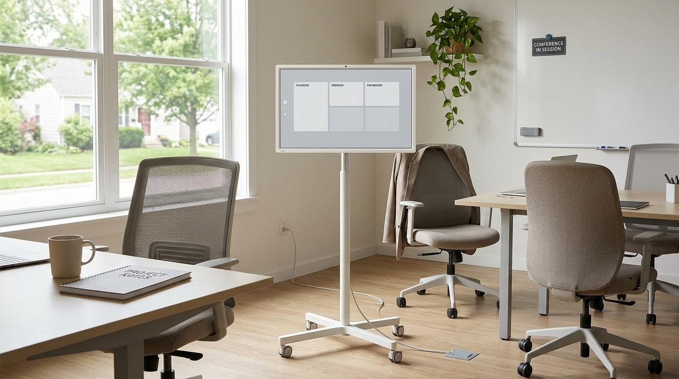 KTC MEGAPAD 27-inch smart display on a wheeled stand in a shared office
