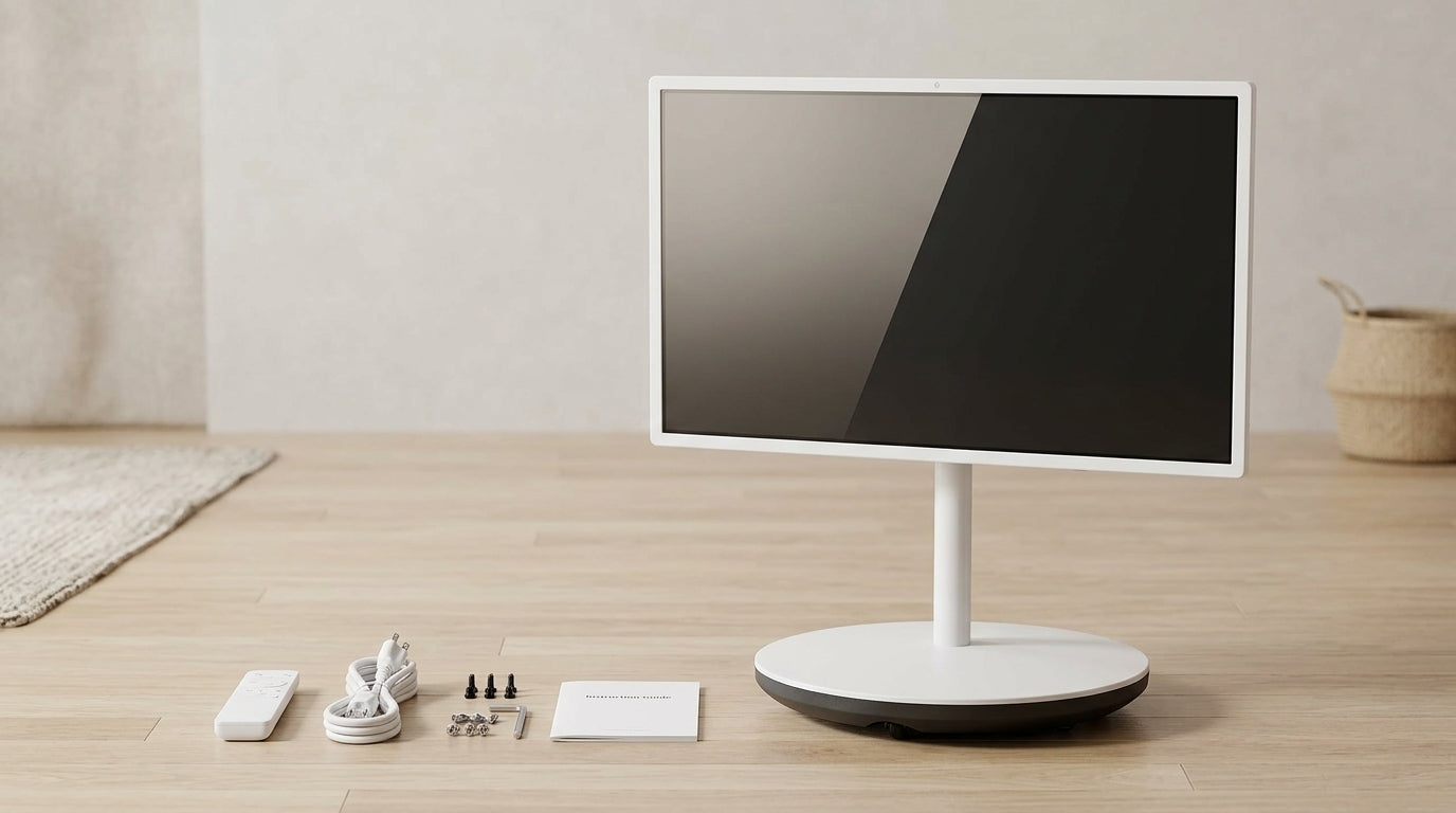 KTC MEGAPAD 32-inch smart touch display on a rolling stand with remote, power cord, and accessories