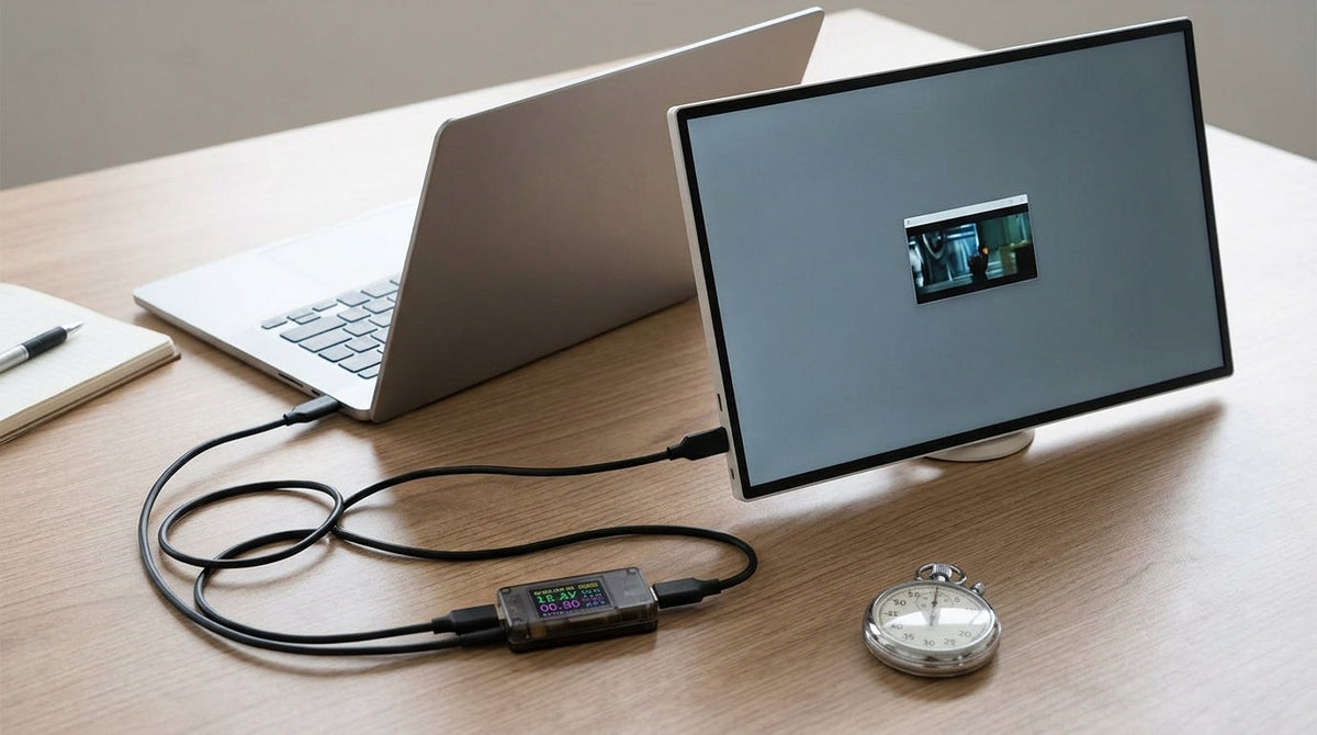 Portable monitor battery runtime testing setup showing a portable display connected to a power meter and laptop on a desk, illustrating how runtime is measured.