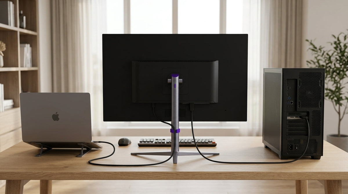 27-inch USB-C KVM monitor on a hybrid desk with a laptop and gaming PC