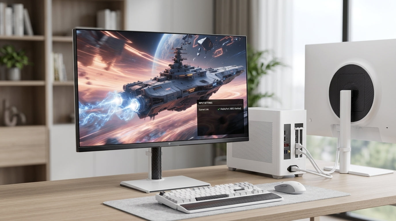 A gaming monitor connected to a PC with a display settings screen showing link information