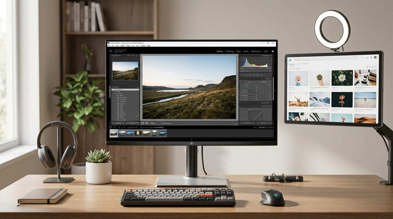 KTC Mini-LED monitor on a creator desk with editing tools open