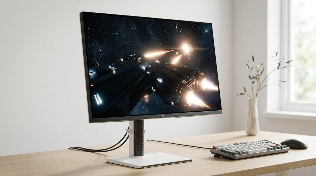Mini-LED gaming monitor on a desk showing HDR content in a bright room