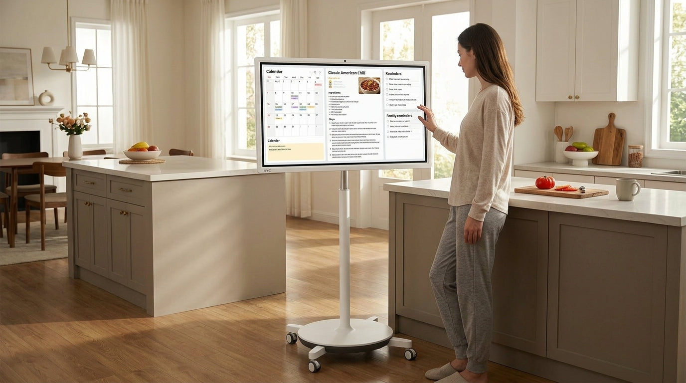 Family command center rolling smart display in a kitchen and living room setup
