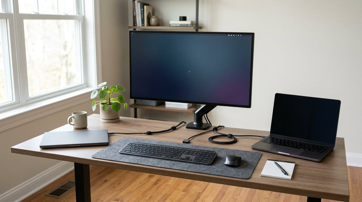 A clean desk setup showing a Mac laptop and a Windows laptop connected through a compact monitor-based KVM workspace, with one shared keyboard, mouse, and a monitor centered on the desk.