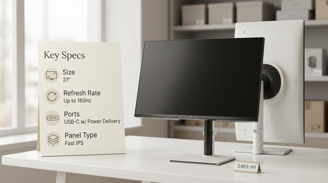 A clean 4K monitor checklist layout showing size, refresh rate, ports, and panel trade-offs