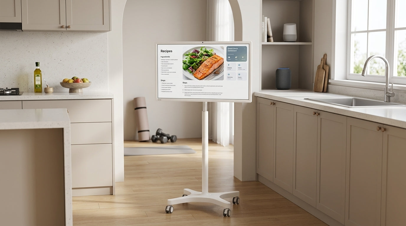 MegPad on a rolling stand in a bright kitchen with a fitness mat in the background