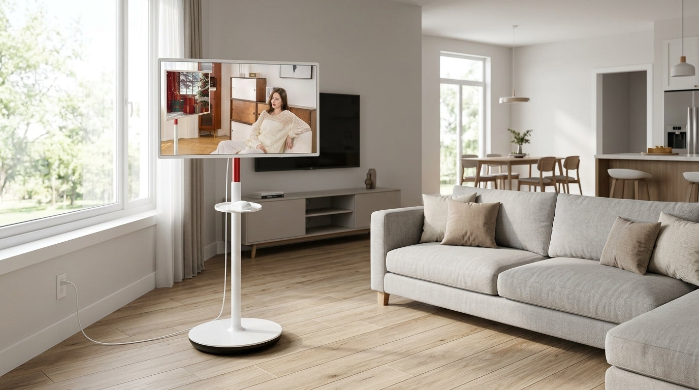 Rolling smart display in a living room with a mobile stand