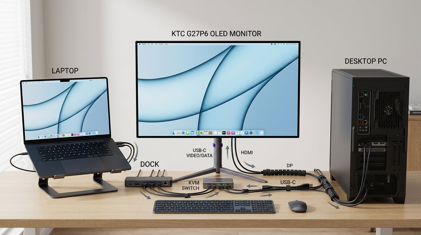 A tidy hybrid desk showing laptop, desktop, dock, KVM, and monitor connections.