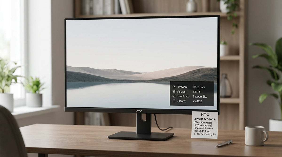 A KTC monitor on a desk with a firmware support checklist beside it