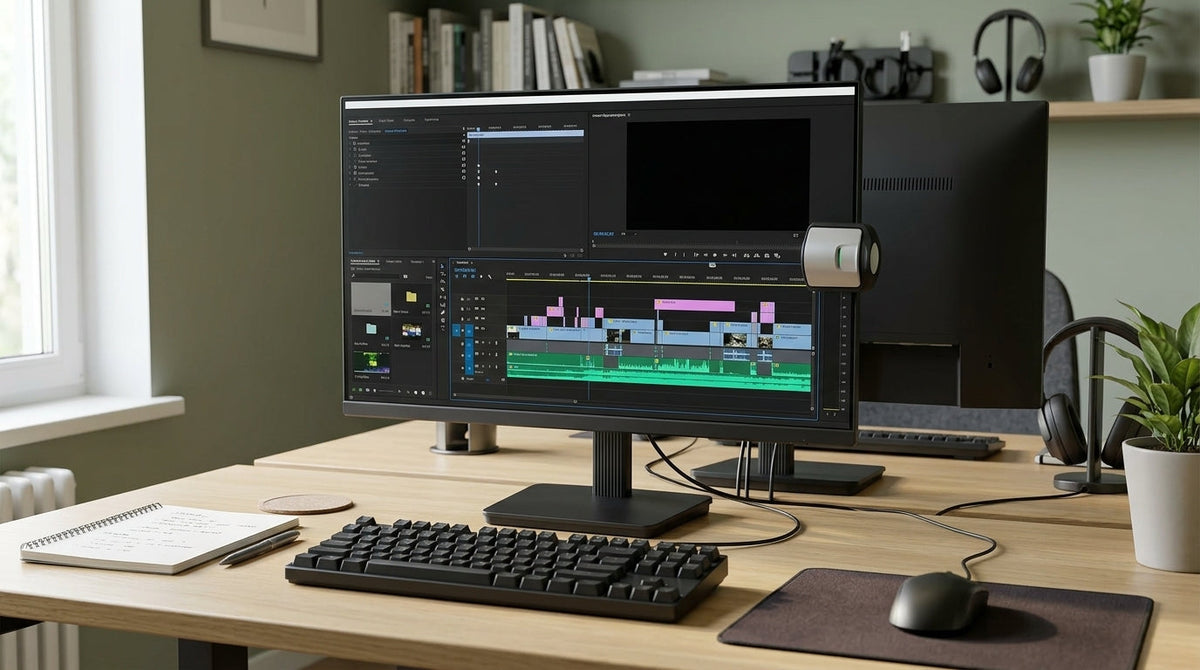 Creator desk with a value monitor, calibration tools, and editing workspace
