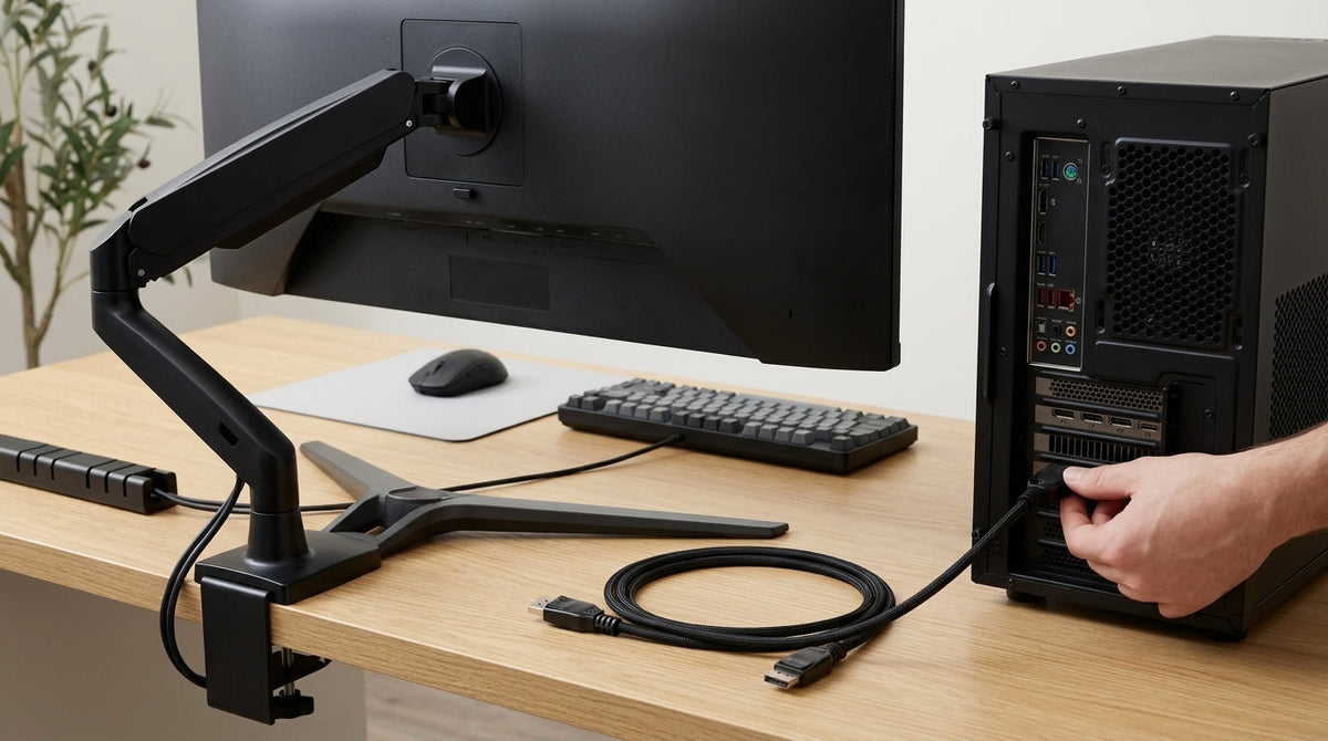 DisplayPort cable connected to a gaming monitor beside a desktop GPU