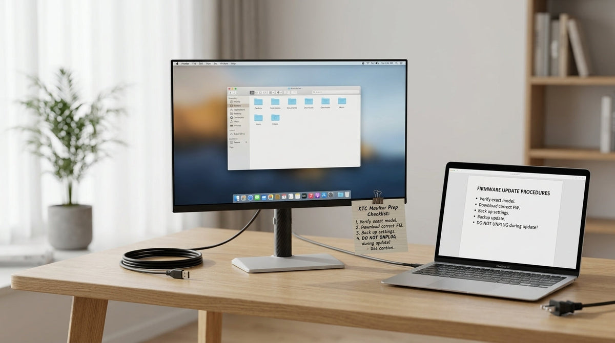 KTC gaming monitor on a desk with firmware update notes beside it