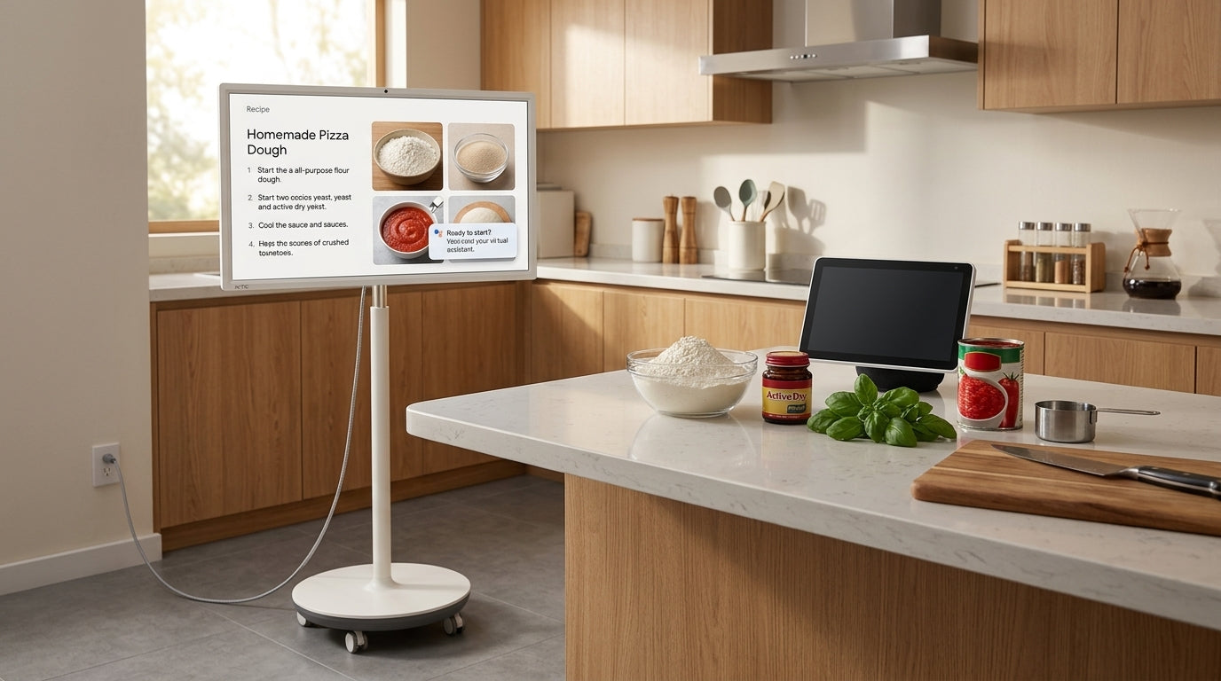 A rolling 27-inch MegPad-style smart display in a kitchen setting beside recipe ingredients and a charging cable