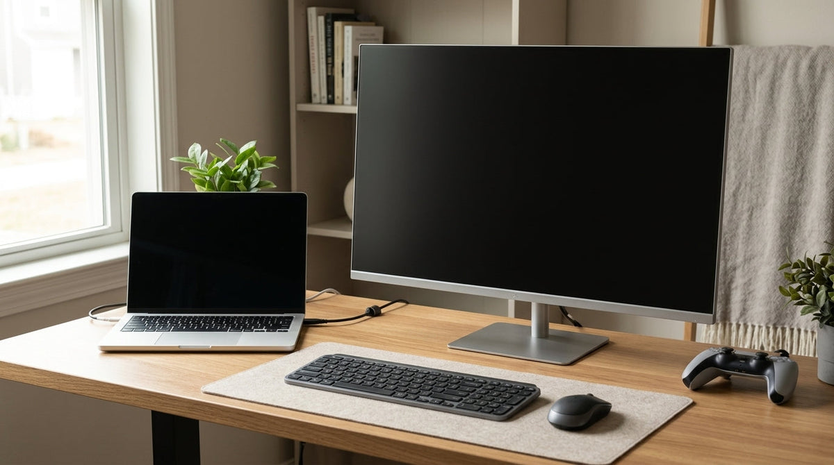 Hybrid work desk with one monitor, a laptop, and a game controller