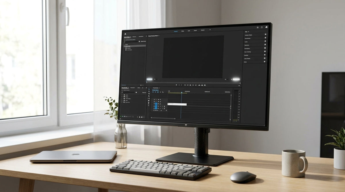 Mini-LED monitor on a desk with bright windows and a dark desktop interface