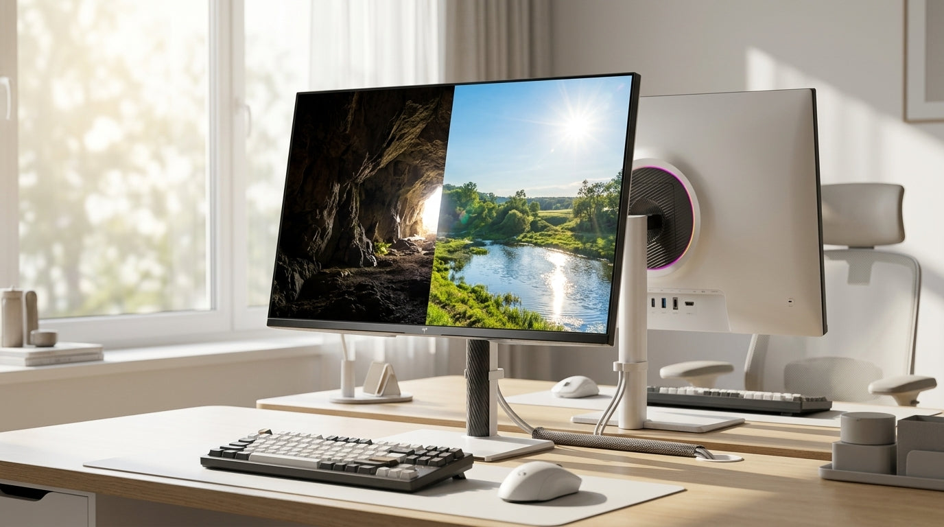 Mini-LED gaming monitor showing bright HDR highlights over a dark scene on a desk