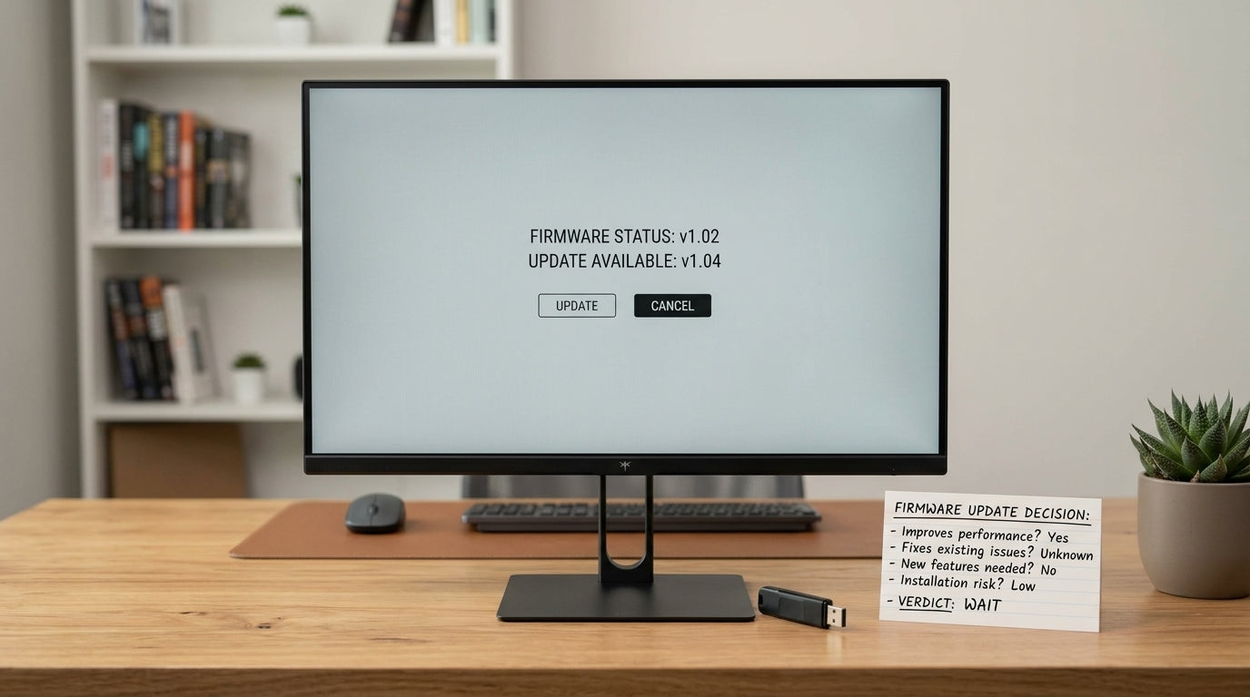 KTC monitor firmware update decision guide with a monitor, USB drive, and checklist on a desk