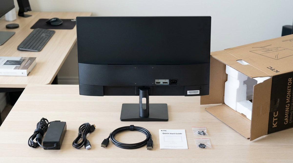 New KTC monitor on a desk with its box, cables, and accessories during first-week setup